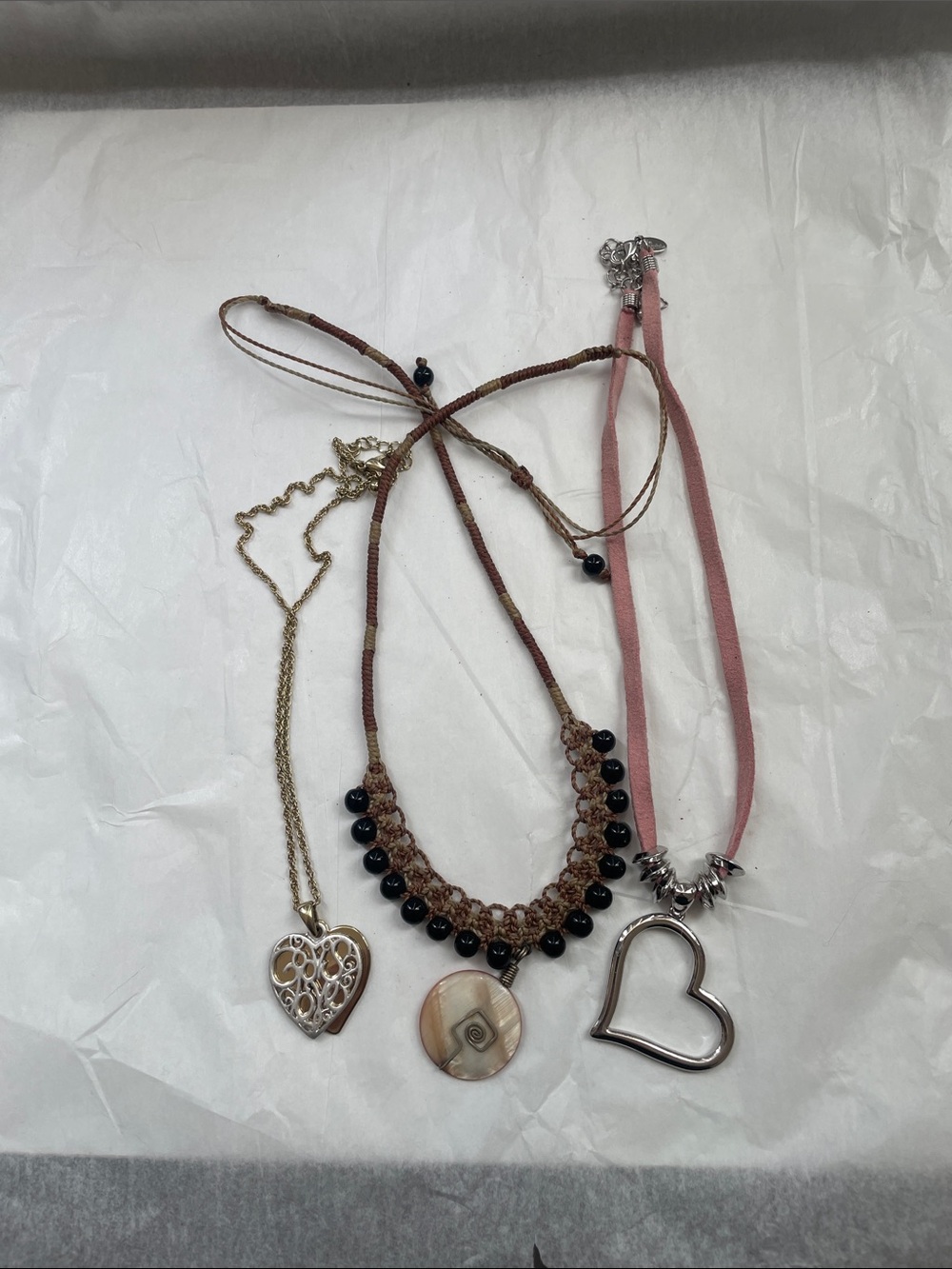 Womens Pink & Black Beaded Heart Pendant Necklace Set